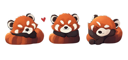 Fototapeta premium three set of red panda sleeping cartoon isolated transparent background