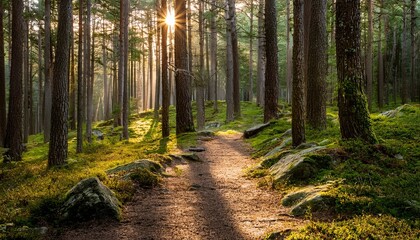 Fototapeta premium Sunbeams in a forest path