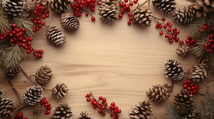 Fototapeta premium Pine cones and red berries framing a light wooden surface with ample copy space in the center for Christmas greetings or seasonal promotions.