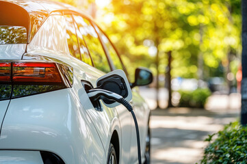 White electric car charging at public station in city