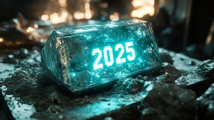 futuristic time capsule made of vibranium, projecting a holographic year 2025, and has specks of dirt from being unearthed recently