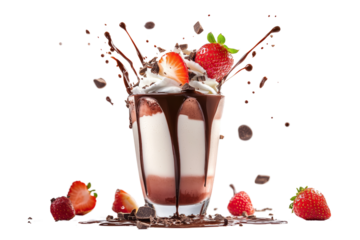 Delicious chocolate sundae topped with strawberries, whipped cream, and drizzled chocolate, on a white isolated background.
