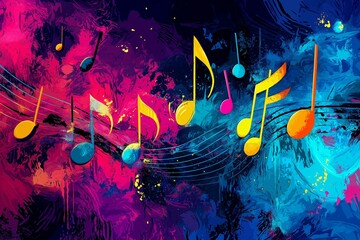 Bright musical notes float across a vivid, abstract background invoking joy and creativity.