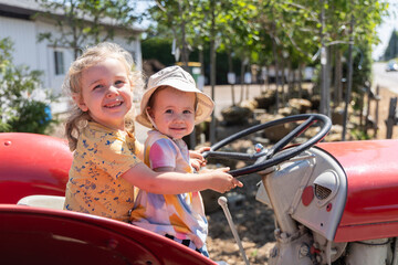 Two young childs are smiling while sitting on a red tractor on a sunny day at a farm. Selective focus © Valmedia
