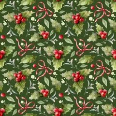 Fotobehang Tropische Bladeren Green Watercolor Christmas seamless pattern with mistletoe, leaves, red bows and berries.   © VETOCHKA