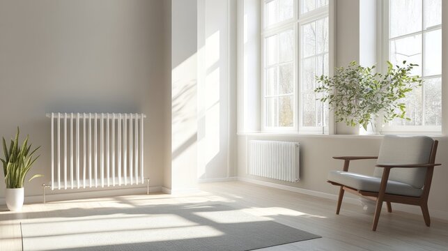 Contemporary Home Heating, sleek modern radiator integrated into stylish interior, enhancing comfort and energy efficiency in a cozy living space with minimalist decor