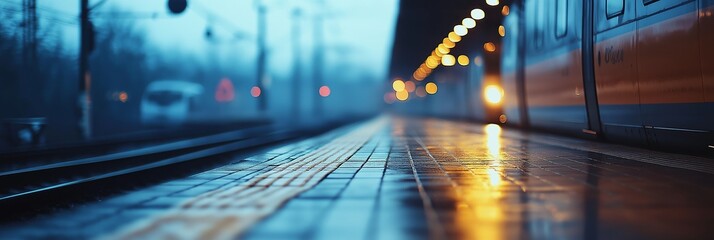 An empty train station platform in the evening with glowing lights, evoking solitude and anticipation amid urban stillness.