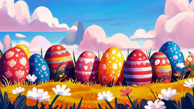 Colorful Easter eggs are nestled in tall grass on a sunny day