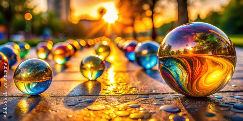 Poster a line of colorful glass spheres reflecting the warm glow of a setting sun, casting a mesmerizing li