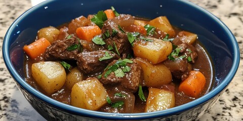 Hearty beef stew with potatoes and carrots served in a blue bowl.