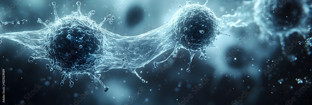 Poster Microscopic view of virus or bacterial cells structure under laboratory microscope in scientific research for healthcare,medicine and vaccine development. Concept of infectious disease.