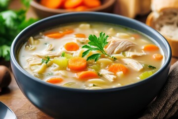 A warm bowl of homemade chicken noodle soup with fresh vegetables and herbs.
