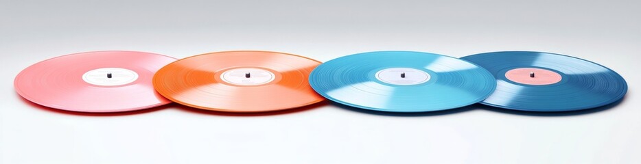 Four colored vinyl records are lined up on a white background