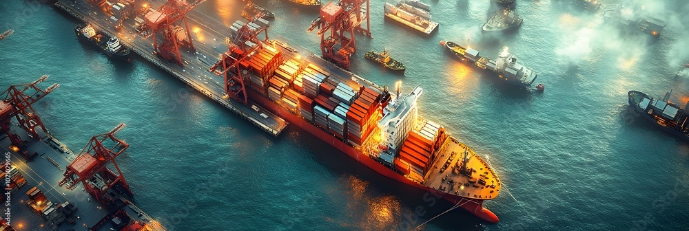 Aufkleber panoramic aerial view of a bustling seaport container terminal with numerous cargo ships,container s