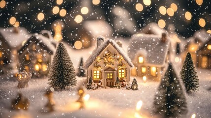 Obraz premium Snow-covered Christmas village with twinkling lights and festive decorations, symbolizing happiness and a new beginning in the holiday season.