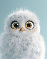 3D-rendered bird hatchling with big, adorable eyes, showing a cute expression on a solid teal background with soft lighting.