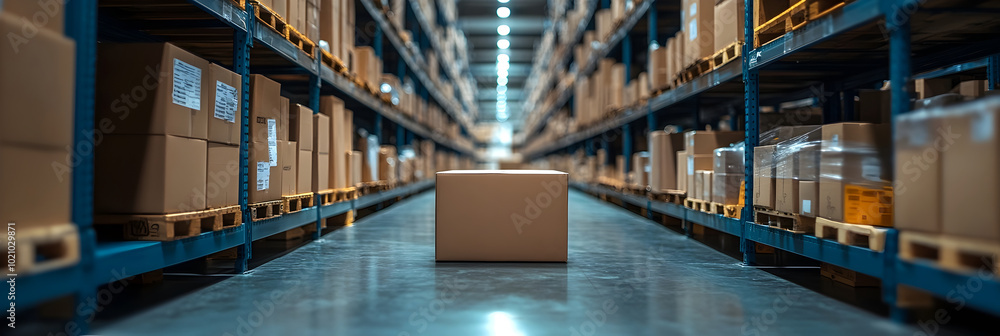 Poster expansive warehouse interior with towering shelves stacked with cardboard boxes,showcasing an organi