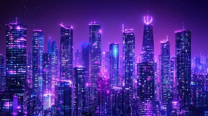 Obraz premium Futuristic Neon Metropolis, a vibrant panorama showcasing a sprawling city skyline illuminated by brilliant neon lights, towering high-rises, and a dynamic urban atmosphere.