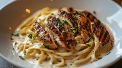 Delicious grilled chicken alfredo pasta garnished with fresh herbs in a white bowl.