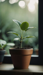 Young Potted Plant on Wooden Table Near Sunlit Window