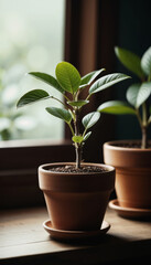 Young Potted Plant on Wooden Table Near Sunlit Window