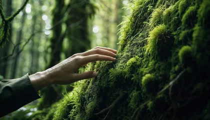 Hand Touching Moss-Covered Tree in Serene Forest