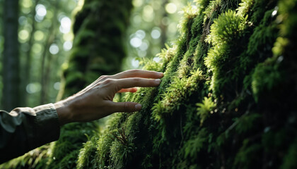 Hand Touching Moss-Covered Tree in Serene Forest