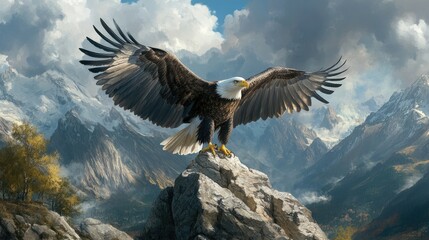 Obraz premium A bald eagle landing on a rocky outcrop, its wings wide and powerful against a mountain backdrop