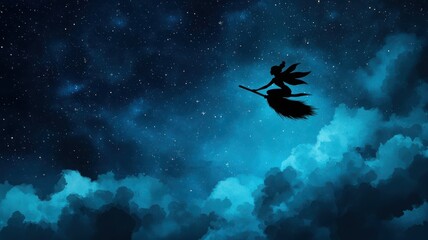 Silhouette of a witch flying on a broomstick against a starry night sky.
