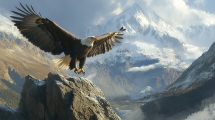 Fototapeta premium A bald eagle landing on a rocky outcrop, its wings wide and powerful against a mountain backdrop