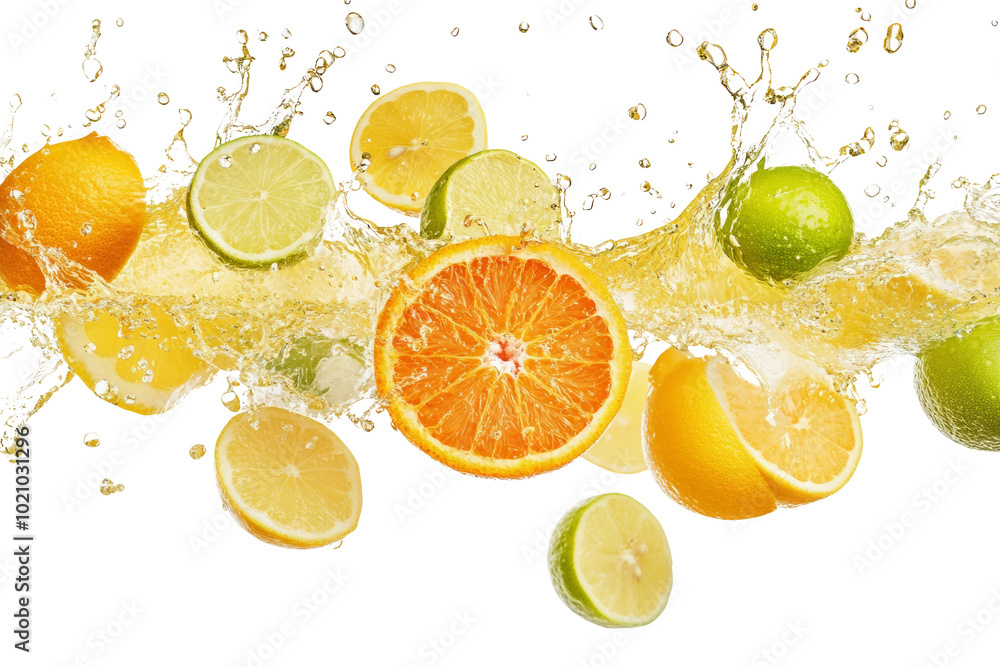 Poster citrus splash: a symphony of citrus fruits explodes in a vibrant splash of juice, capturing the esse