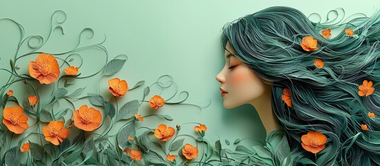 A serene portrait of a woman with teal hair and floral elements, ideal for promoting mental health awareness or International Women's Day celebrations.