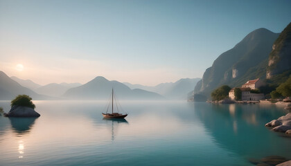 Tranquil Sailboat on Serene Mountain Lake at Sunset