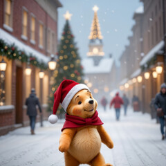 Cartoon Bear in Santa Hat on Snowy Christmas Street