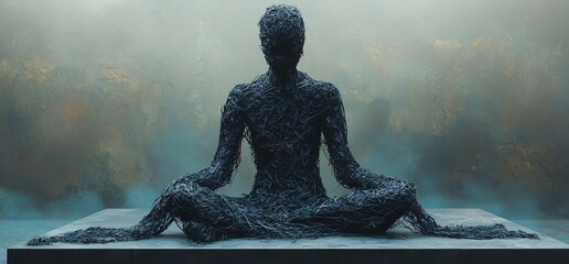 A serene humanoid figure, woven from dark threads, embodies introspection and solitude, perfect for Mental Health Day promotions, workshops, and awareness campaigns.