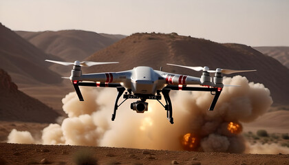 Drone Flying in Desert Landscape with Explosion in Background