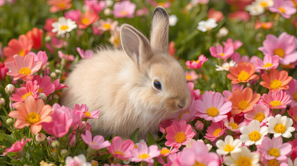 Fototapeta premium Rabbit Among Spring sitting in a patch of colorful spring flowers. The soft fur contrasts with the vibrant petals around it, creating a picturesque and peaceful nature scene, Ai Generator.