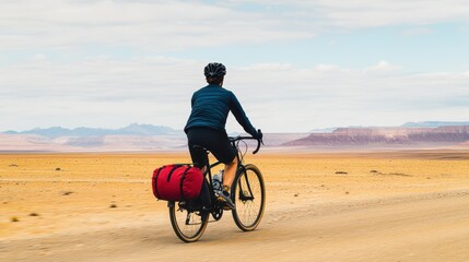 Fototapeta premium A cyclist rides through a vast desert landscape, showcasing adventure, freedom, and exploration against a stunning natural backdrop.