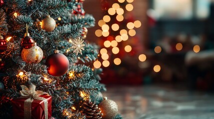 Close-up of decorated Christmas tree with ornaments and lights