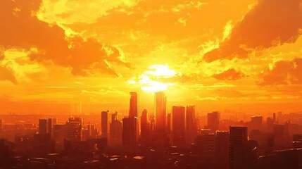 A beautiful orange sunset casting golden light over a city skyline
