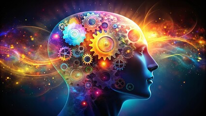 Obraz premium A Cosmic Mind An Abstract Representation of Interconnected Ideas and Processes Through Gears and a Starry Background