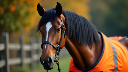 Obraz premium The Connection: Aerial View of a Horse in a Safety Vest Next to a Speaker, Emphasizing Safety and Companionship