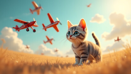 Obraz premium A Collection of Small Planes Gracefully Flying Next to a Curious Cat Capturing Joyful Childhood Imagination