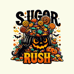 Sugar Rush quote illustration for t shirt design. Halloween Candy Rush vector editable eps file for printing.  candy with black cat