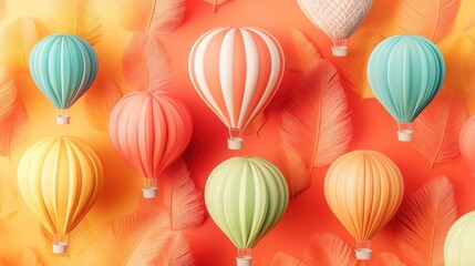 Fototapeta premium 3D-rendered hot air balloons in different colors arranged in a seamless pattern against a feathered paper background,