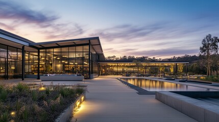 Obraz premium Modern architectural design of a luxury residence with outdoor pool at sunset in a tranquil setting