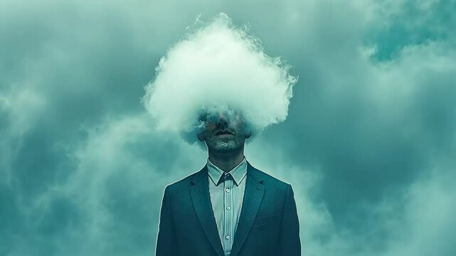 A male in a dark suit stands with a cloud where his face should be, conveying mystery. The setting is murky and teal-toned, suggesting concepts of confusion or identity concealment in a surreal