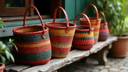 A Charming Display of Colorful Handmade Baskets Carefully Arranged on a Rustic Bench, Showcasing Unique Craftsmanship