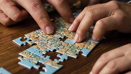 A close-up of hands working on a jigsaw puzzle, symbolizing creative problem solving and innovative thinking through piecing together solutions.
