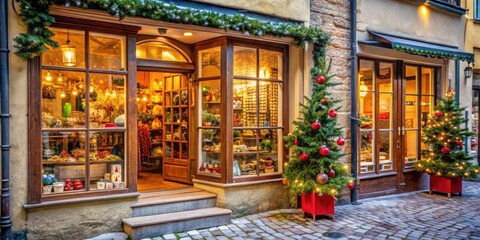 Naklejka premium A charming storefront decorated for the holidays with twinkling lights and festive greenery, inviting passersby to experience the warmth and cheer within.